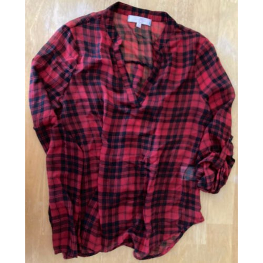 Almost Famous Womens Plaid Top Sz S Red Long Roll Tab Sleeve Sheer Shirt
